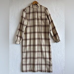 Sezane womens cream brown mock neck wool‎ blend Plaid Long Sleeve Dress size 34
